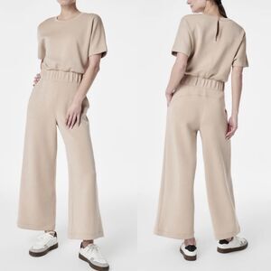 SPANX AirEssentials Tahini Short Sleeve Crop Wide Leg Jumpsuit Womens Medium